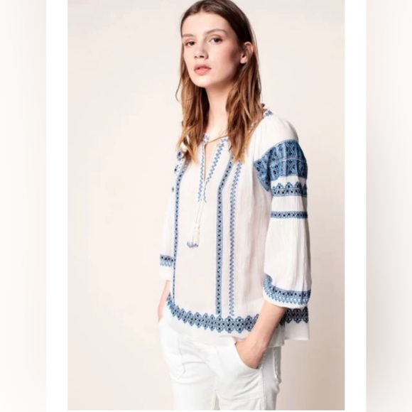 Joie Women's Gauge Cotton Gauze V-Neck Embroidered White Peasant Blouse - Picture 1 of 8